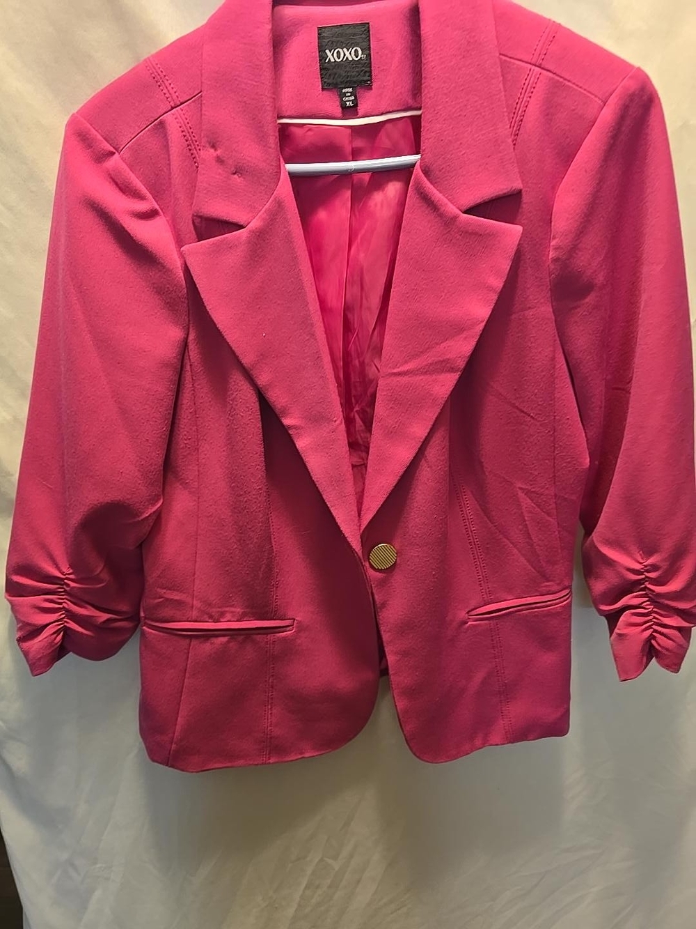 XOXO Bright Pink Single-Button Ruched Sleeve Blazer